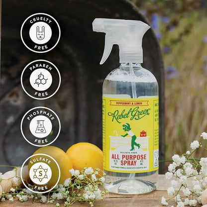 Rebel Green Natural All-Purpose Cleaning Spray - Essential Oil Multi-Surface Cleaner - Kid Safe, Pet Safe & Sustainable Cleaning Products - Peppermint & Lemon Scent - (16 Ounce Bottles, 1 Pack)