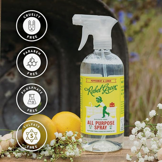 Rebel Green Natural All-Purpose Cleaning Spray - Essential Oil Multi-Surface Cleaner - Kid Safe, Pet Safe & Sustainable Cleaning Products - Peppermint & Lemon Scent - (16 Ounce Bottles, 1 Pack)