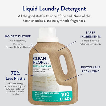 The Clean People Liquid Laundry Detergent - Recyclable Packaging, Stain Fighting - Ultra Concentrated, Laundry Soap - Fresh Scent, 50 fl oz (2 Pack)