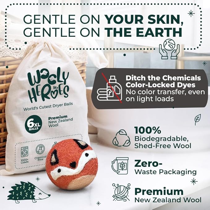 No More Dryer Sheets - Wool Dryer Balls - XL 6-Pack - Eco Dryer Balls - Dryer Balls Laundry Reusable - Softens Laundry Naturally - Reduces Drying Time & Static - with Storage Bag