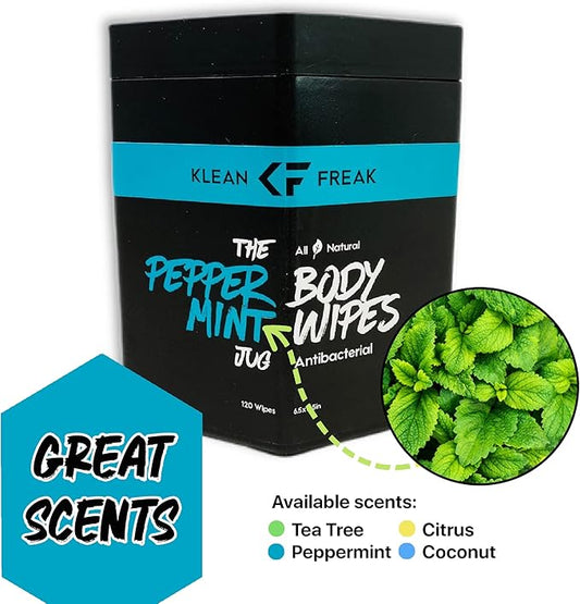Body Wipes - for Face and Body, No Water, Wipe Away Sweat and Odor, Large Textured, Travel, Gym, Camping and More, 120 Cnt Jug (Peppermint)