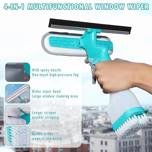 4-in-1 Scraper Brush Spray and Brush, Portable Multifunction Window Cleaner Tool with Squeegee and Plush Glass Brush, New Refillable Bottle Sprayer for Glass Ceramics Surface（Blue）