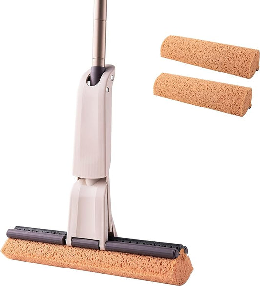 Eyliden Sponge Mop with 1 Extra Reusable Absorbent Sponge Refills, Easy Squeeze, Self Wringing Mops for Kitchen Bathroom Office Hardwood Laminate Tile Marble Ceramic Floors Cleaning