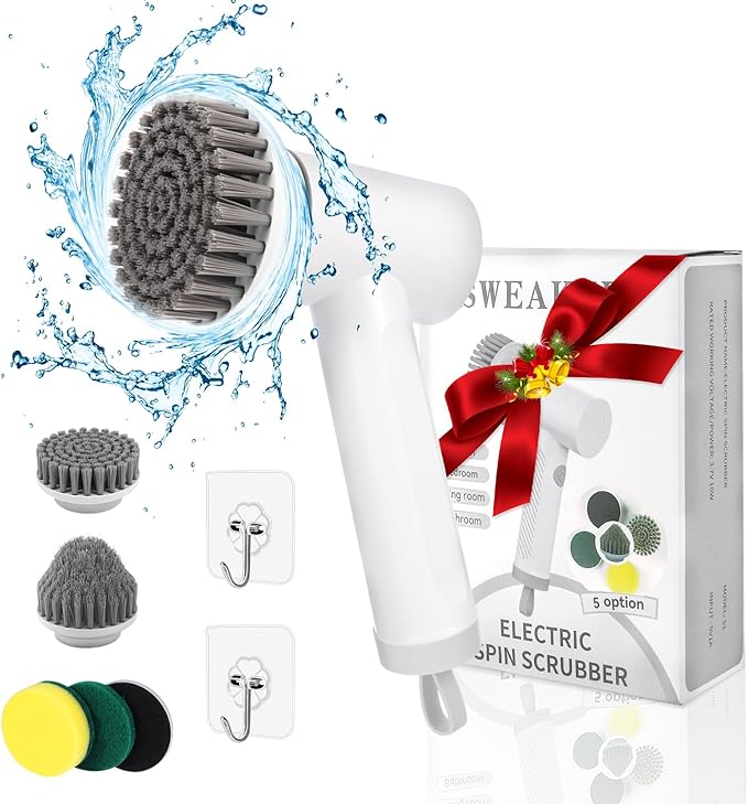 Electric Spin Scrubber Cordless Power - Handheld Spin Brush with 5 Replacemet Brush Heads, Scrubber for Cleaning Kitchen Bathroom Floor Stove with 2 Speeds Include Type-C Charger and Battery (White)