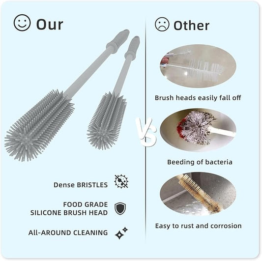 Silicone Bottle Cleaning Brush | 2 Pack| 15.7”+12.6” Water Bottle Brush Cleaner Brush for Hydro Flask,Glassware,Vacuum Sports Bottle&Vases,Water Bottle Cleaner Brush for Narrow Neck Containers (Grey)