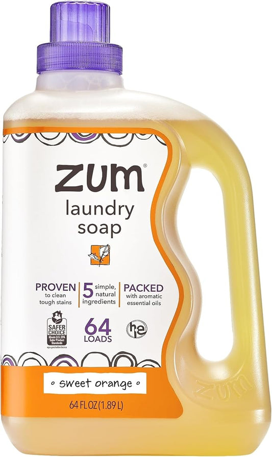 Zum Laundry Soap by Indigo Wild - Liquid, Plant-Based Soap with Baking Soda, Essential Oils, Coconut Oil & More - Wash Up to 64 Loads - Sweet Orange - 64 fl oz