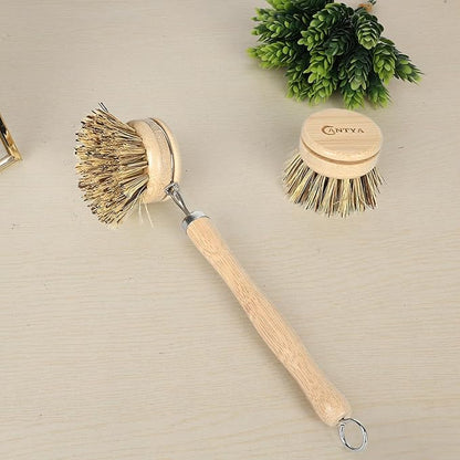 Bamboo Dish Scrubber - Hard Bristles, Natural Dish Brush with Handle 4 Replacement Heads, Compostable & Sustainable, Kitchen Brush for Cleaning Dishes, Pots and Pans
