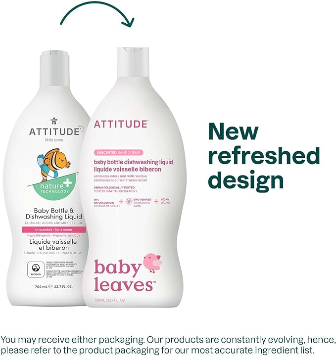 ATTITUDE Baby Dish Soap and Bottle Cleaner, EWG Verified Dishwashing Liquid, No Added Dyes or Fragrances, Tough on Milk Residue and Grease, Vegan, Unscented, 23.7 Fl Oz (Pack of 9)