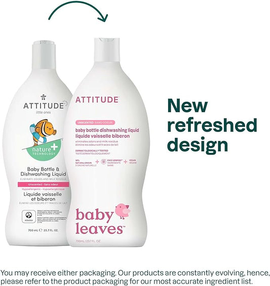 ATTITUDE Baby Dish Soap and Bottle Cleaner, EWG Verified Dishwashing Liquid, No Added Dyes or Fragrances, Tough on Milk Residue and Grease, Vegan, Unscented, 23.7 Fl Oz (Pack of 9)