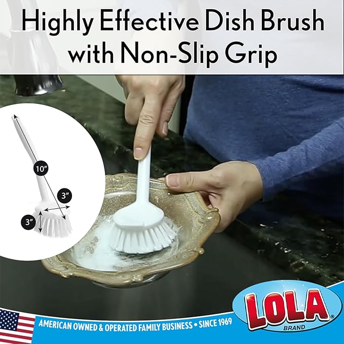 Lola Products Dish Brush w/Scraper, Durable Fiber Non-Scratch Bristles, Ergonomic Non-Slip Grip Handle, for Baked-on & Caked-on Messes, 2 Pack