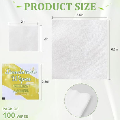 100Pcs Travel Deodorant Wipes, Travel Size Mini Deodorant Wipes Bulk for Homeless, Individually Wrapped Body Cleaning Supplies for Women Wet Armpit for Body Cleaning Lemon