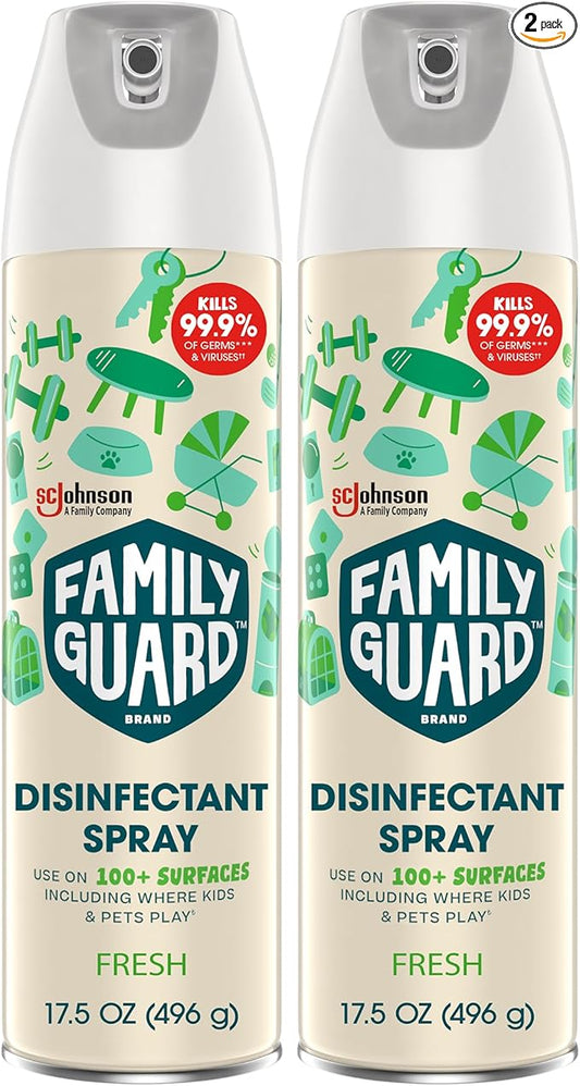 FAMILYGUARD Brand Disinfectant Spray Aerosol, Antibacterial & Sanitizing Spray, Use on 100+ surfaces including where kids & pets play, Fresh Scent, 17.5 oz (Pack of 2)