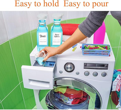 Hushee 4 Pcs Laundry Detergent Dispenser Bottle 51oz with Measure Cup Labels for Laundry Detergent Soap Fabric Softener Bleach Scent Booster Beads Bottle for Laundry Room Decor