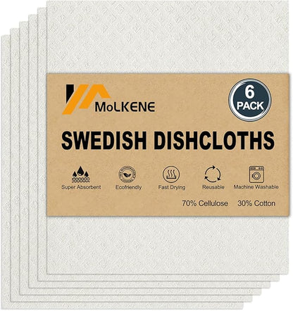 Swedish Dishcloths for Kitchen | 6 Pack Absorbent Cellulose Sponge Cloths Washable | Non-Scratch Reusable Paper Towels Quick Drying Cleaning Cloths - White