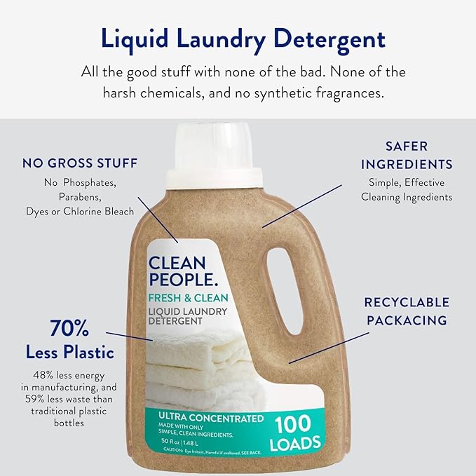The Clean People Liquid Laundry Detergent - Recyclable Packaging, Stain Fighting - Ultra Concentrated, Laundry Soap - Fresh Scent, 50 fl oz
