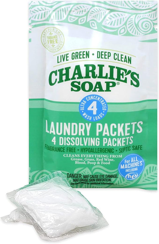 Charlie's Soap Hypoallergenic Unscented Laundry Packets Travel Size, Pack of 2 (8 Total Loads)