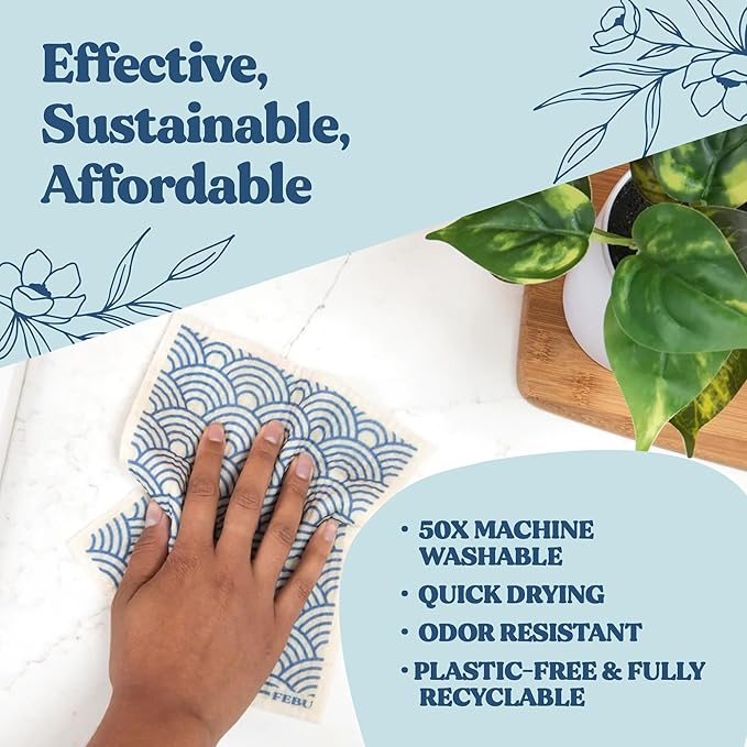FEBU Swedish Dishcloths for Kitchen | 5 Pack Japanese Reusable Paper Towels Washable | Swedish Dish Towels | Non-Scratch Cellulose Sponge Cloths | No Odor, Biodegradable Cleaning Cloths