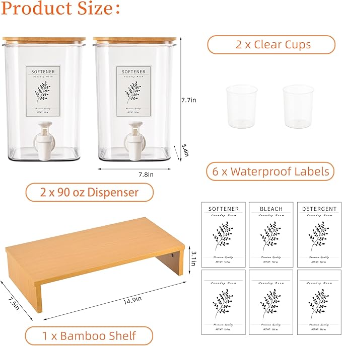Liquid Laundry Detergent Dispenser Set with Shelf and Bamboo Lids for Laundry Room Organization and Storage - 2 Pack 90 oz Laundry Containers for Laundry Soap, Fabric Softener