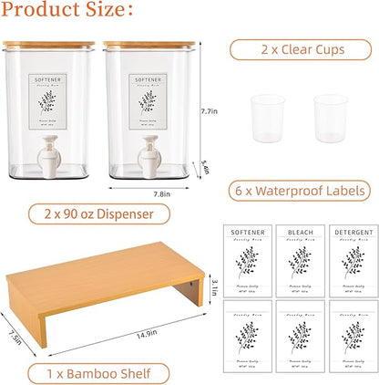 Liquid Laundry Detergent Dispenser Set with Shelf and Bamboo Lids for Laundry Room Organization and Storage - 2 Pack 90 oz Laundry Containers for Laundry Soap, Fabric Softener