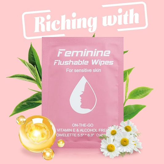 Feminine Wipes Individually Wrapped, Flushable Wipes Travel,Travel Wipes for Women,Feminine Care Wet Wipes Travel Size Vaginal Wipes for Adult, Girl and Homeless
