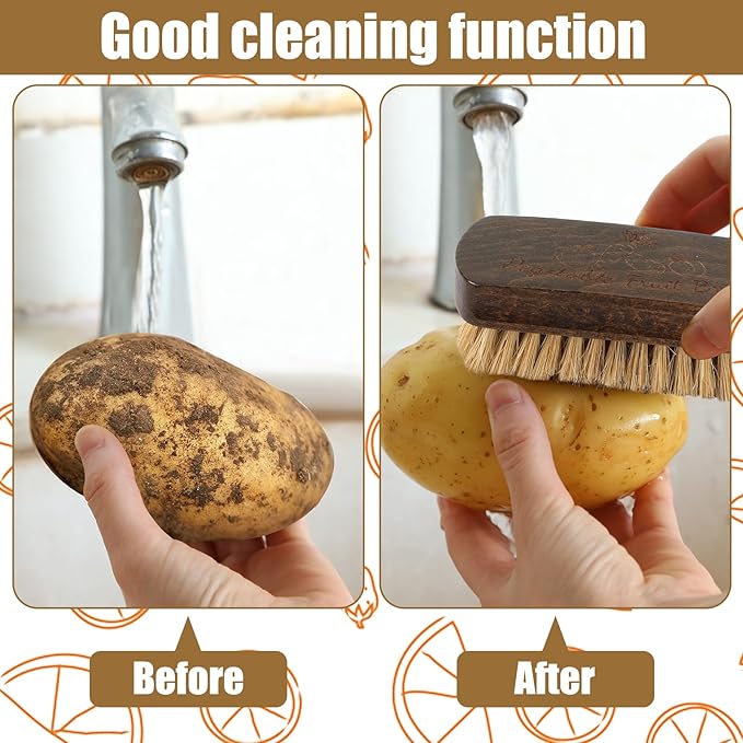 Vegetable and Fruit Brush With Wood Handle - Scrubber for Potato, Mushroom, Carrot, Corn and Food