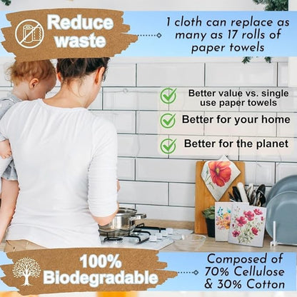 Swedish Dishcloths - Ecofriendly Reusable Paper Towels, Biodegradable Dish Cloths - Cellulose Sponge Dish Cloths for Washing Dishes - 8 Pack (Floral)