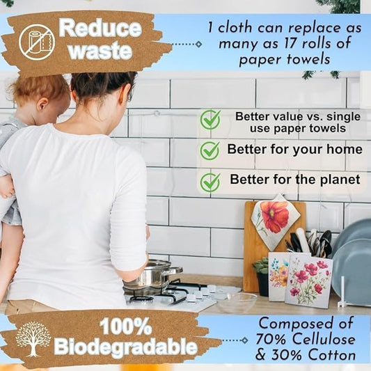 Swedish Dishcloths - Ecofriendly Reusable Paper Towels, Biodegradable Dish Cloths - Cellulose Sponge Dish Cloths for Washing Dishes - 8 Pack (Floral)