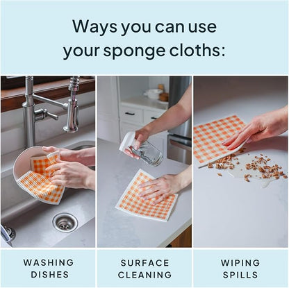 Orange Swedish Sponge Dishcloth Pack of 6 - Reusable, Washable, Odor & Scratch Free, Made with Wood Cellulose & Cotton, Multi-Use for Dishes & Counters, Replaces 17 Rolls of Paper Towel