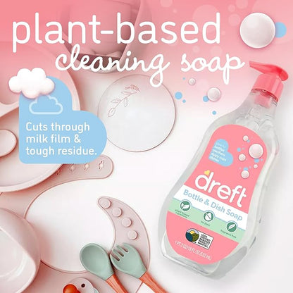 Dreft Baby, Bottle and Dish Soap, Removes Milk Film & Odor, Plant Based, Fragrance Free, Travel Size Bottles, 24 Fl Oz (Pack of 2)