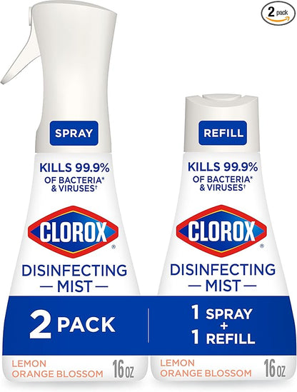 Clorox Disinfecting Mist, Lemon and Orange Blossom, 1 Spray and 1 Refill, 16 oz Each