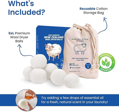 100% New Zealand Wool Dryer Balls – Premium Reusable Natural Fabric Softener – Hypoallergenic, Chemical-Free & Eco-Friendly Laundry Softening – Reduces Drying Time by 30% - 6 Pack