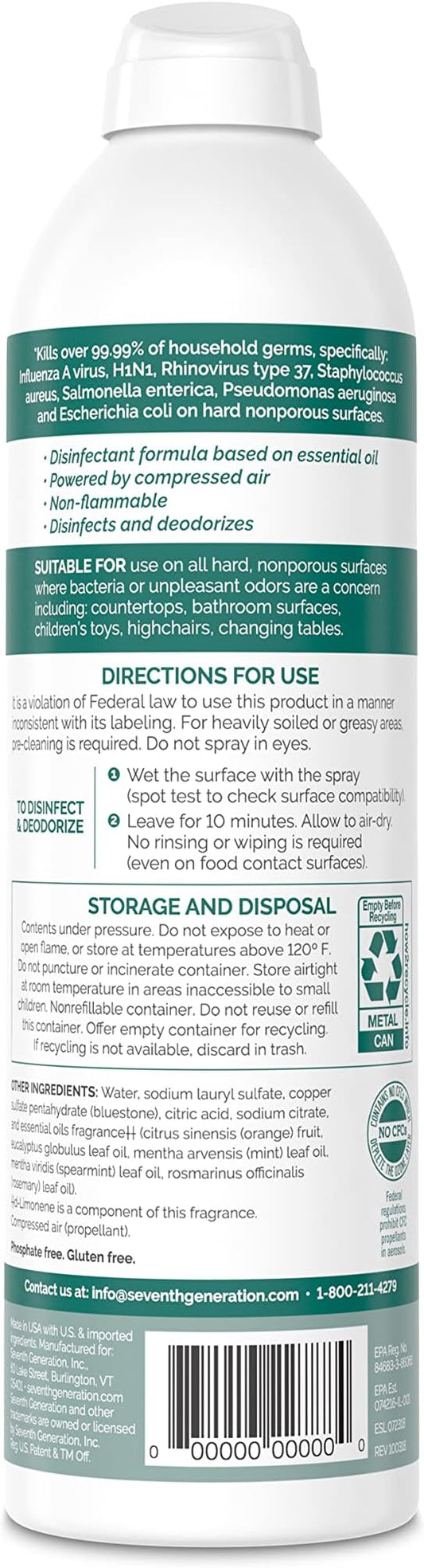Seventh Generation Disinfecting Spray Cleaner Eucalyptus and Thyme Disinfectant 13.9 oz, Pack of 8