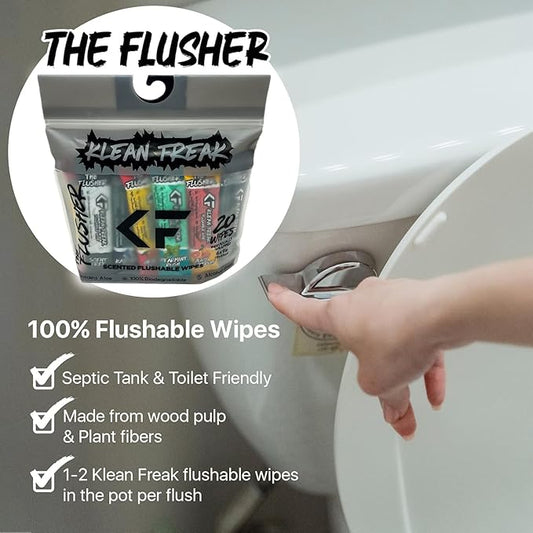 THE KLEAN FREAK FLUSHER - Flushable Wipes For Adults & Kids - 100% BIODEGRADABLE Individual Wrapped Travel WET Wipe for Toilet - Soothing Aloe & Witch Hazel - Alcohol Free 20 Pack -Georgia Peach