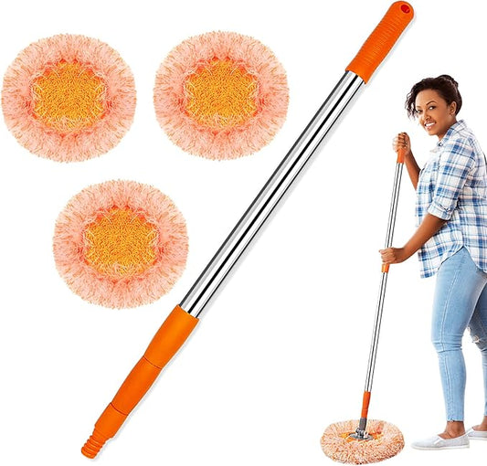 Dust Mop, Wall Cleaner Mop, with Hight Adjustable Handle and 1 Washable Mops Pad, Wet & Dry Floor Cleaning Mop for Hardwood, Tiles, Laminate, Vinyl (Orange mop with 3 pads)
