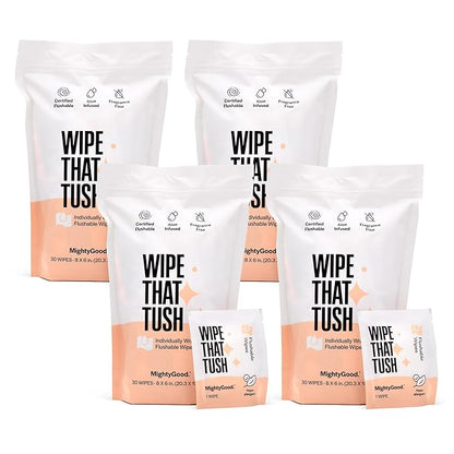 Wipe That Tush On-The-Go Flushable Wet Wipes - 4 Pack, 120 Wipes - Individually Wrapped Extra-Large Wipes with Aloe - Hypoallergenic & Unscented - Septic and Sewer Safe