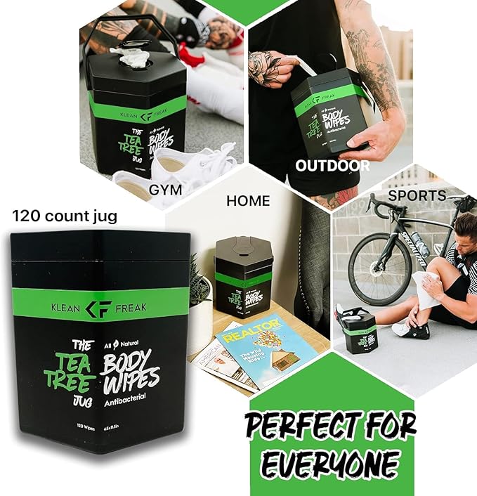 Body Wipes - for Face and Body, No Water, Wipe Away Sweat and Odor, Large Textured, Travel, Gym, Camping and More, 120 Cnt Jug (Tea Tree)