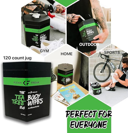 Body Wipes - for Face and Body, No Water, Wipe Away Sweat and Odor, Large Textured, Travel, Gym, Camping and More, 120 Cnt Jug (Tea Tree)