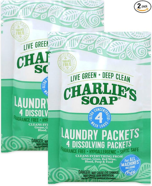 Charlie's Soap Hypoallergenic Unscented Laundry Packets Travel Size, Pack of 2 (8 Total Loads)