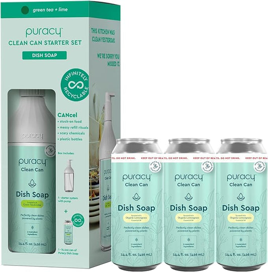 Puracy Dish Soap Clean Can Bundle - Starter Set and 3 Pack Refill, Non-Toxic Dish Soap Plant-Powered Dishwashing Soap, Natural Dish Soap Liquid - Green Tea & Lime and Organic Lemongrass