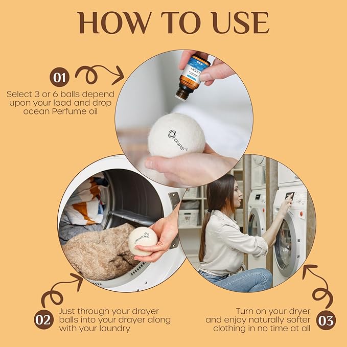 Wool Dryer Balls with 10ml Ocean Scented Essential Oil - 6 Pack XL New Zealand Wool Dryer Balls - Natural & Reusable Fabric Softener, Up to 1000 Loads Time, Reduce Wrinkles & Shorten Drying Time
