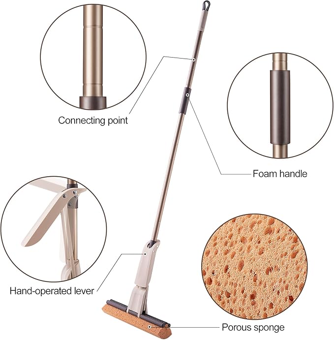 Eyliden Sponge Mop with 1 Extra Reusable Absorbent Sponge Refills, Easy Squeeze, Self Wringing Mops for Kitchen Bathroom Office Hardwood Laminate Tile Marble Ceramic Floors Cleaning