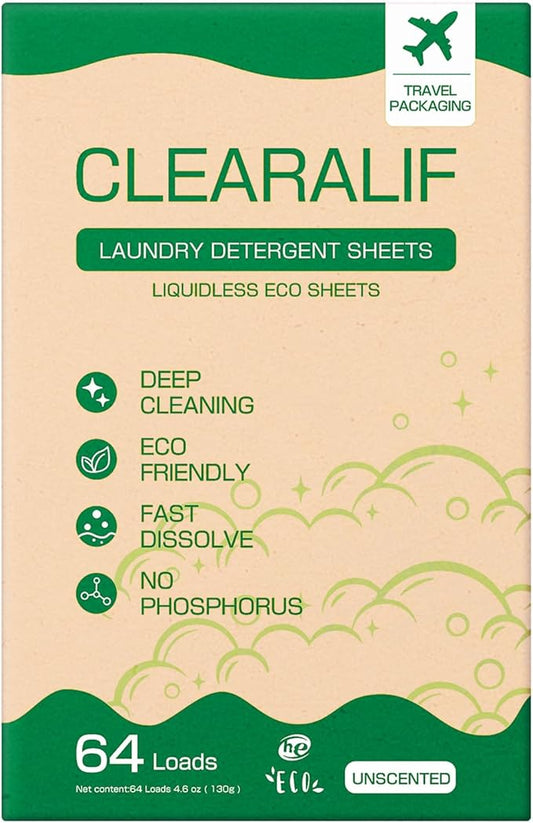 CLEARALIF Laundry Detergent Sheets, Unscented, 64 Load, CLEARALIF Laundry Detergent Strips Eco Friendly & Hypoallergenic