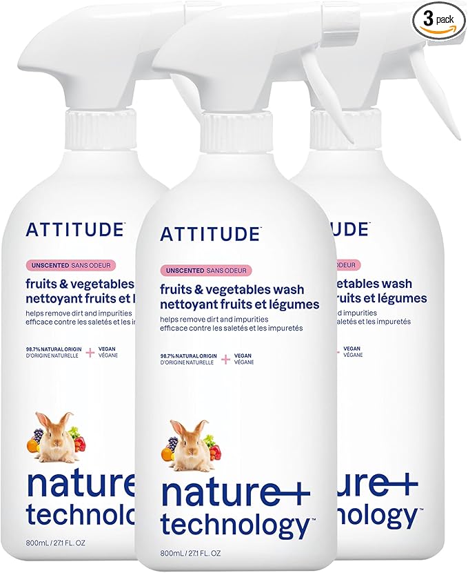 ATTITUDE Fruit and Vegetable Wash, Removes Wax, Dirt and Impurities, Plant- and Mineral-Based, Vegan, Unscented, 27.1 Fl Oz (Pack of 3)