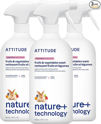 ATTITUDE Fruit and Vegetable Wash, Removes Wax, Dirt and Impurities, Plant- and Mineral-Based, Vegan, Unscented, 27.1 Fl Oz (Pack of 3)