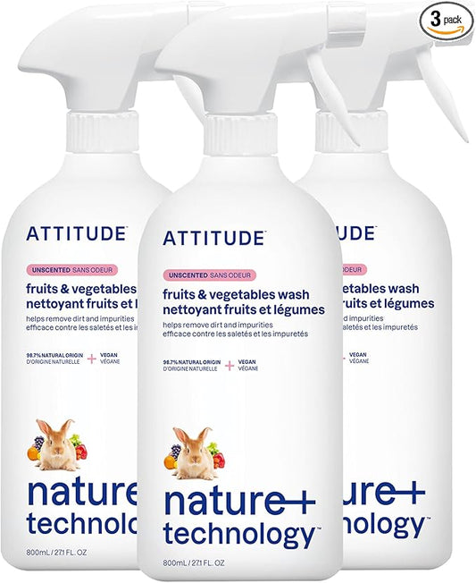 ATTITUDE Fruit and Vegetable Wash, Removes Wax, Dirt and Impurities, Plant- and Mineral-Based, Vegan, Unscented, 27.1 Fl Oz (Pack of 3)