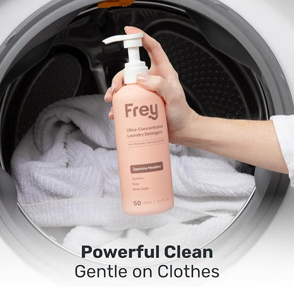 FREY Concentrated Liquid Laundry Detergent - Specially Formulated for Sensitive Skin and High Efficiency (HE) Washers - Removes Stains, Ideal for 50 Loads - Jasmine Rose White Cedar Scent - Pack of 2