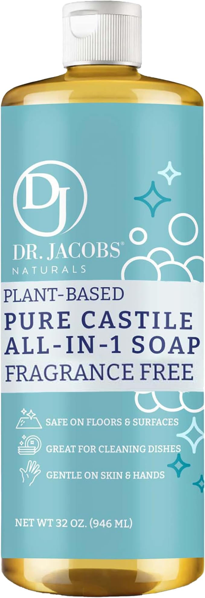 Dr. Jacobs Naturals Fragrance Free Castile All-In-One Cleaner and Soap, Effective Plant-Based Formula for House Cleaning. Eco-friendly for Home Essentials and the Planet (32 Fl Oz, 1 Pack)