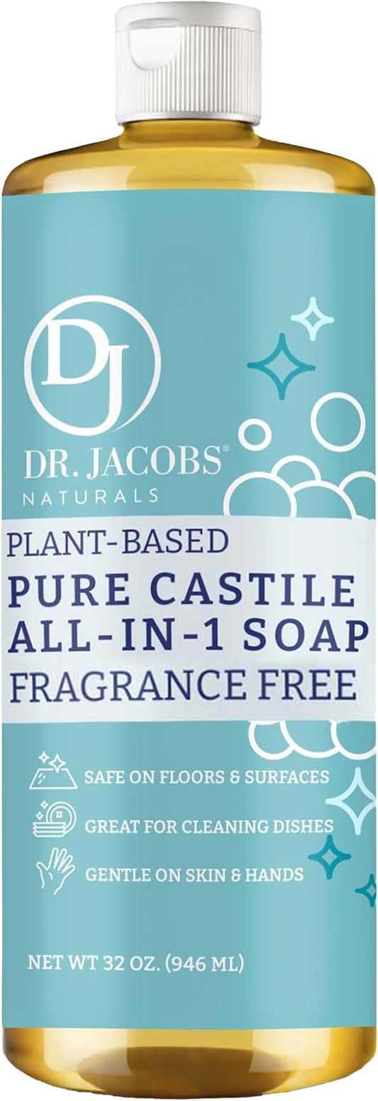 Dr. Jacobs Naturals Fragrance Free Castile All-In-One Cleaner and Soap, Effective Plant-Based Formula for House Cleaning. Eco-friendly for Home Essentials and the Planet (32 Fl Oz, 1 Pack)