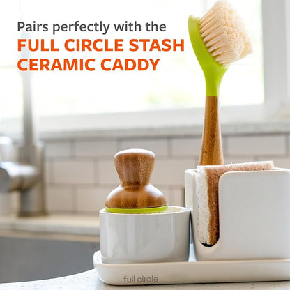 Full Circle Bubble Up -Bamboo Dish Brush & Ceramic Soap Dispenser -Scrub Set for Dishes, Nonstick and Cast Iron -Kitchen Cleaning Tool with Natural Bamboo Handle,White