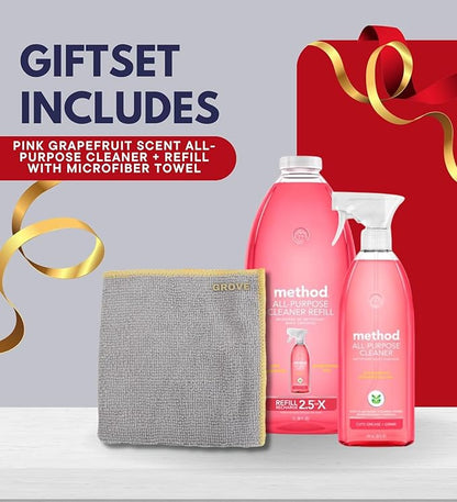 Method Pink Grapefruit Scent All Purpose Cleaner Spray 28 oz + 68 oz Refill Bundle with Microfiber Cloth - Multi Surface Cleaner Spray - Plant-Based Cleaning Power - Biodegradable Formula - (3 Items)